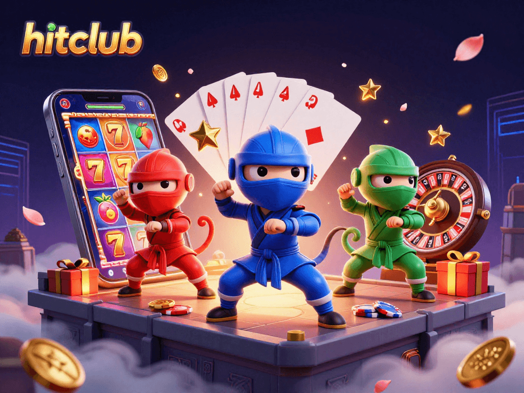 Hitclub's colorful gaming scene shows ninja chameleons surrounded by vibrant slot games.