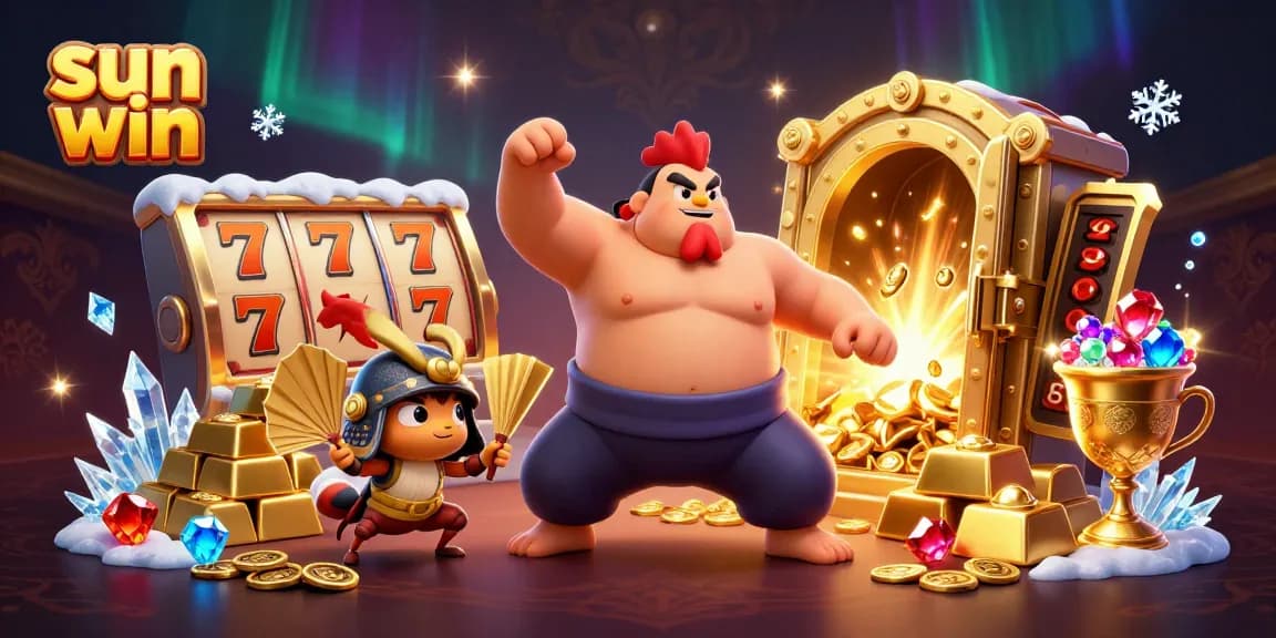 Engage in thrilling gameplay at sun win with characters and colorful slot elements in a vibrant casino scene.