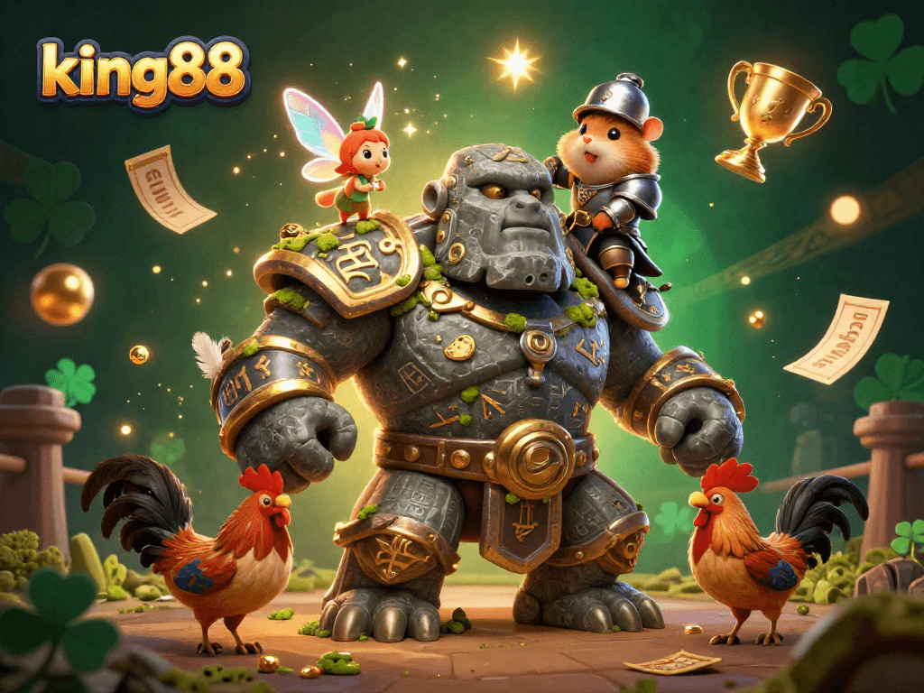 The golem guardian in king88's 3D illustration magically comes alive with a tiny fairy and hamster knight in a lively gambling scene.