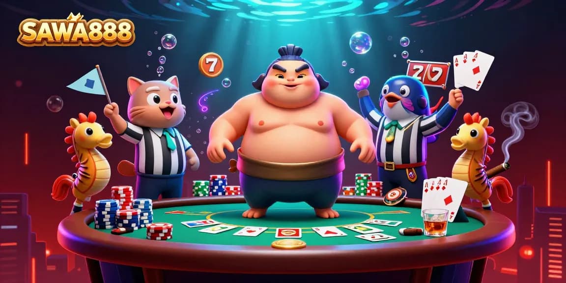 Experience the thrill of SAWA888 in a vibrant underwater casino scene featuring a blowfish and catfish.