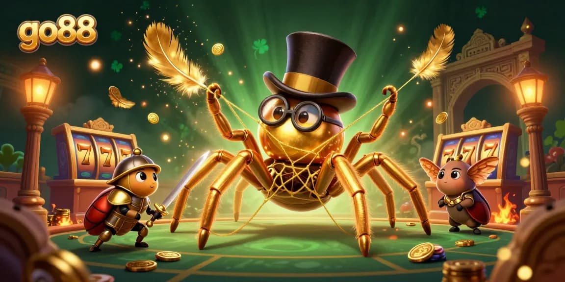 Experience the excitement of go88 with a golden tarantula and beetle knight in a vibrant casino scene.