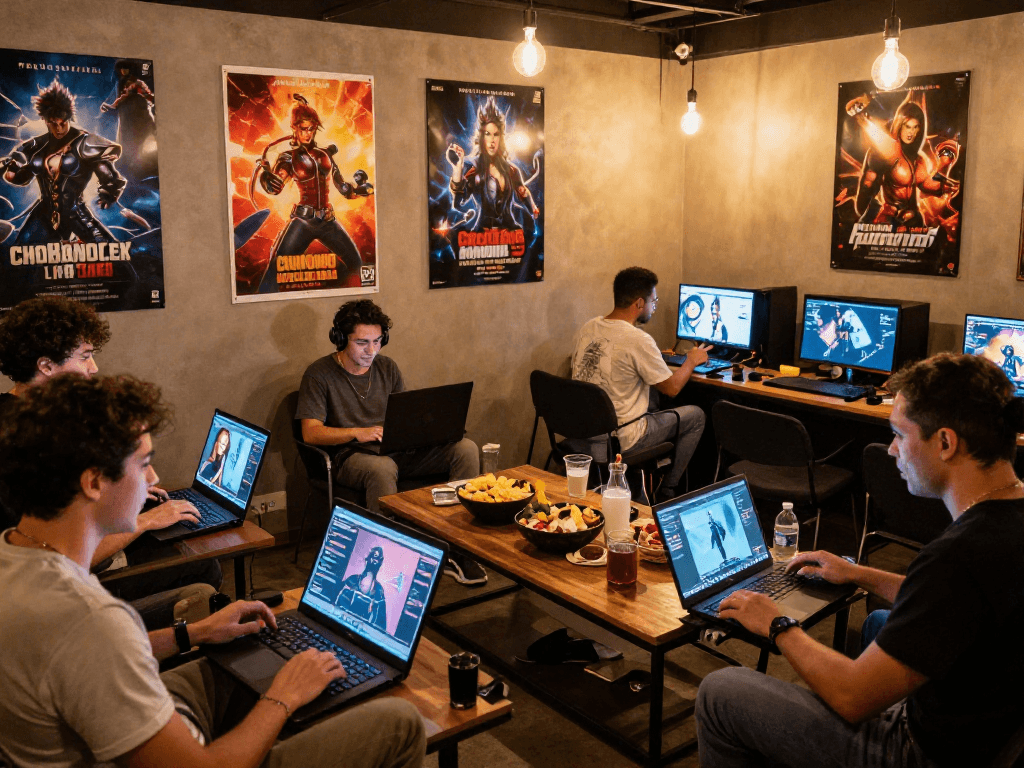 Adults enjoying an interactive porn game session in a cozy gaming lounge.