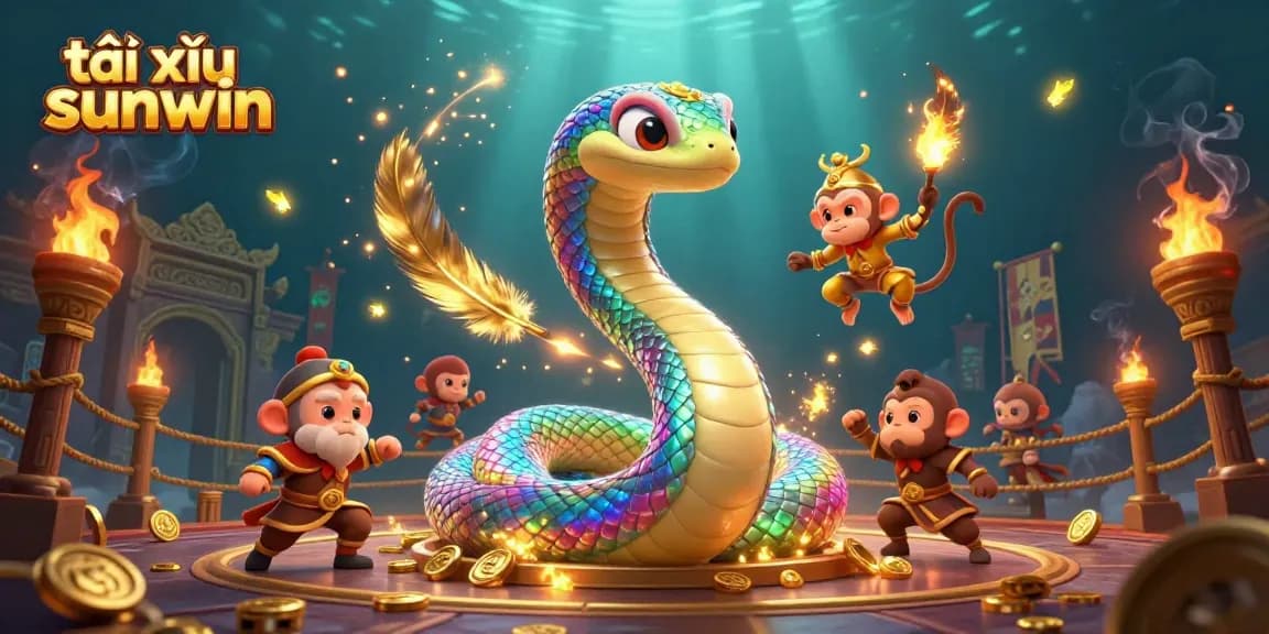 Tài xỉu sunwin illustrates a thrilling scene with a colorful serpent and monkey king in an action-packed casino environment.