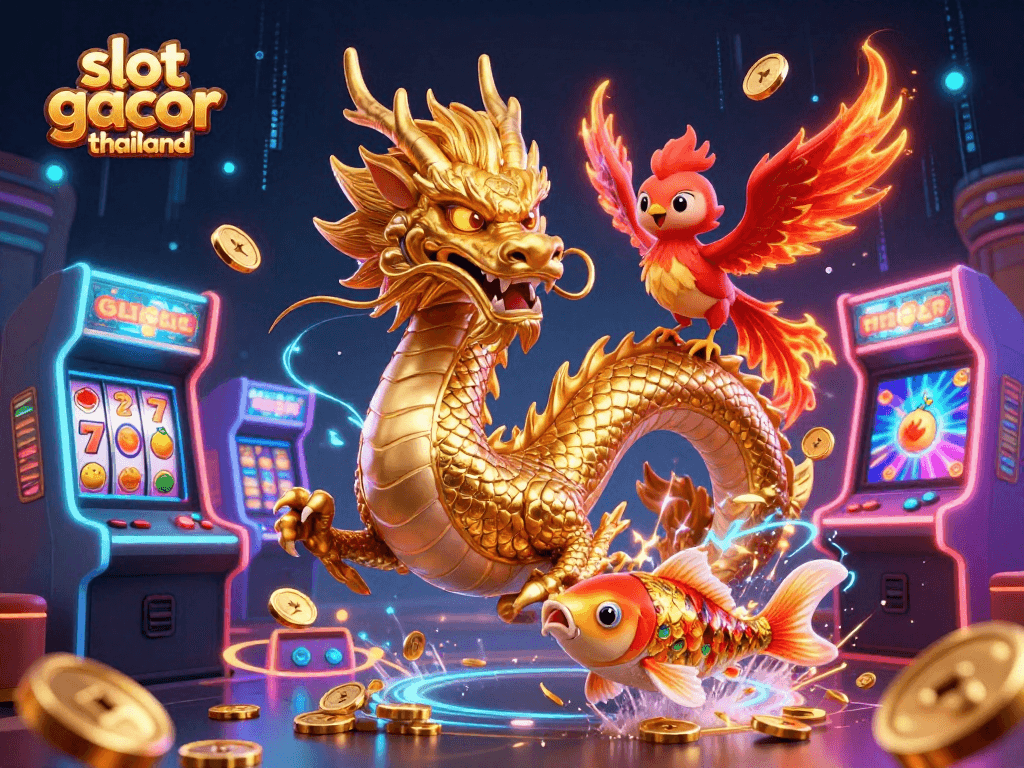 Engage with slot gacor thailand in a vibrant 3D casino scene featuring a dragon, phoenix, and koi fish.