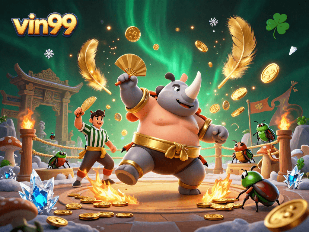 Engage with vin99's thrilling betting arena featuring a sumo champion beetle and dynamic gambling elements.