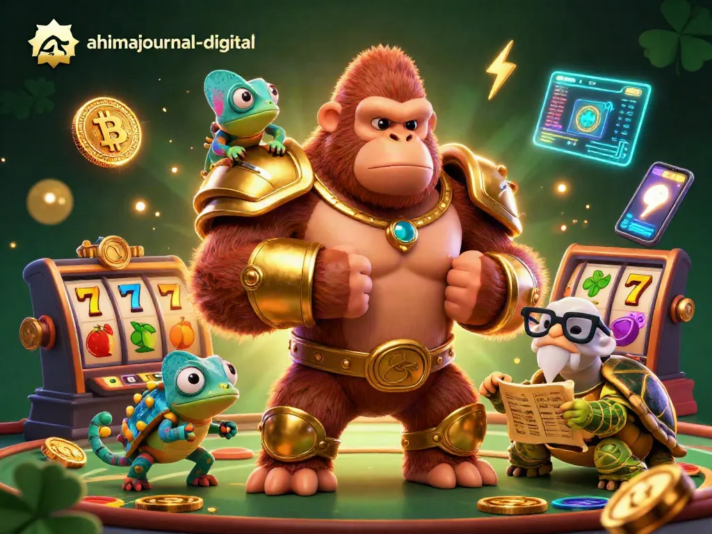 Engage with ahimajournal-digital's vibrant gaming world featuring a powerful gorilla king and colorful casino elements.