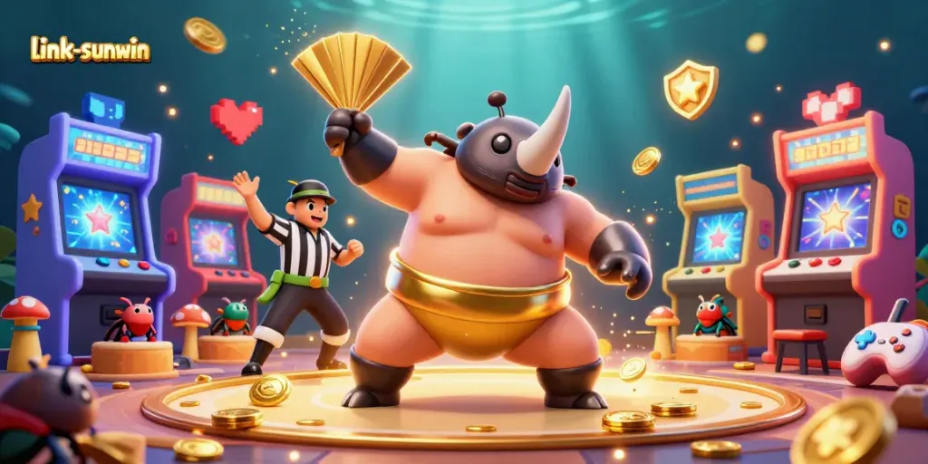 Experience excitement at link-sunwin with a dynamic sumo beetle champion and vibrant casino elements.