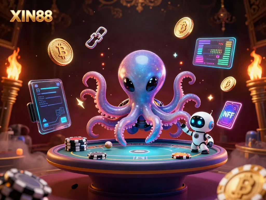 XIN88 showcases an alien octopus dealer at a holographic poker table in a vibrant casino universe.