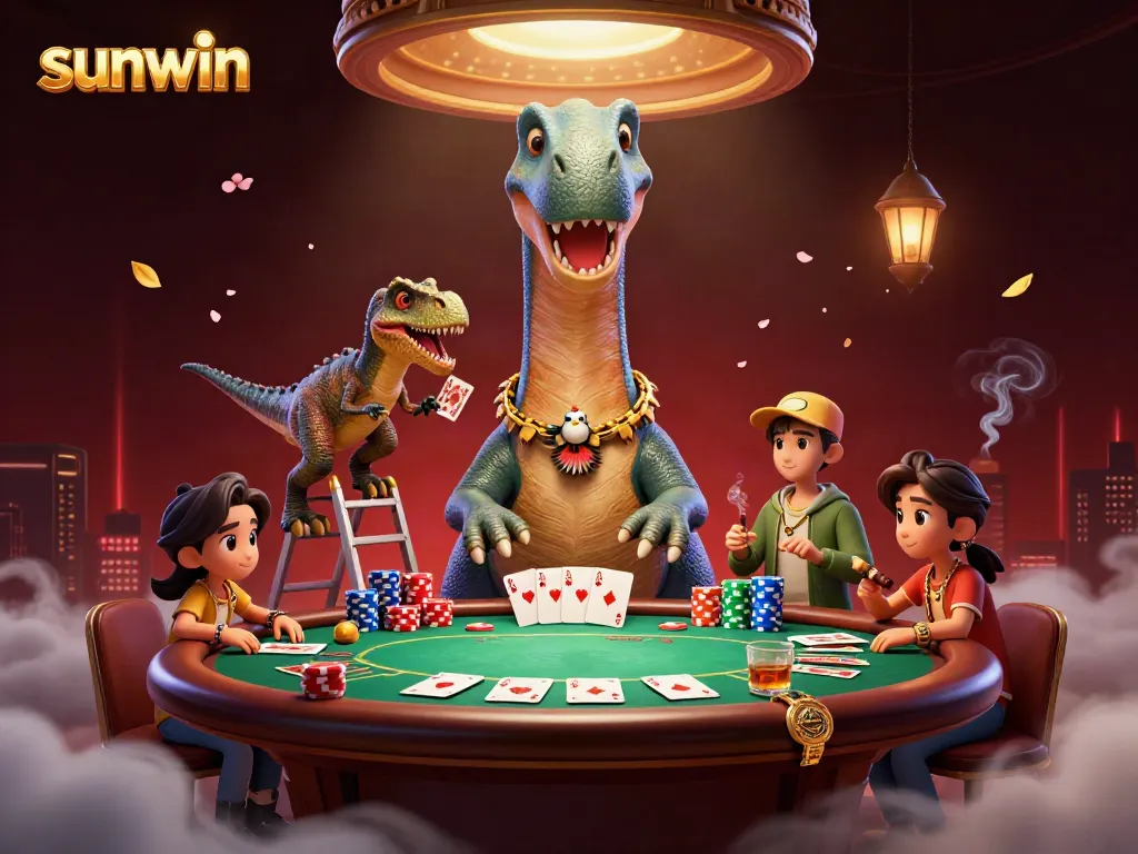 Experience unforgettable gaming moments with sunwin as a playful brontosaurus towers over a lively poker table.