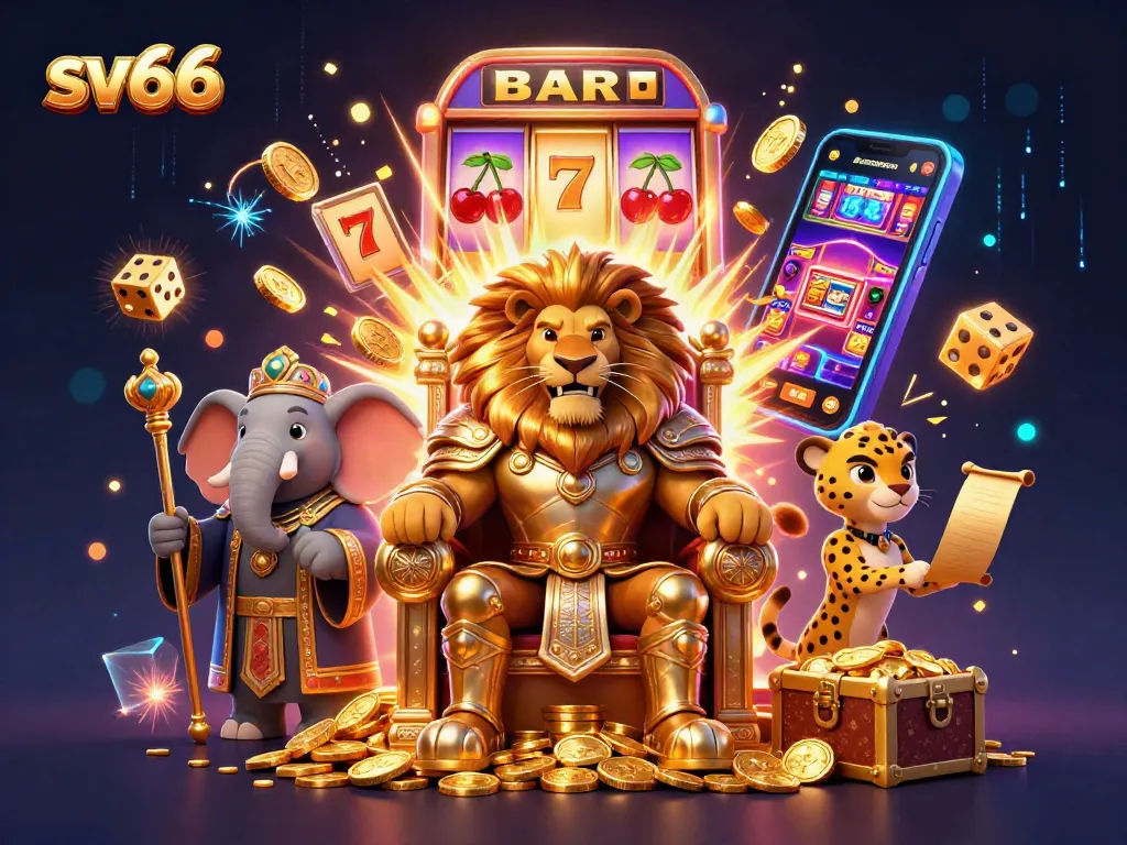 Experience the excitement of sv66 with a lion king, elephant advisor, and cheetah messenger amidst a jackpot explosion.