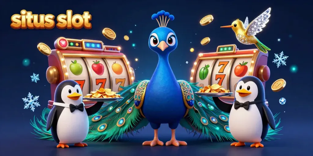 Situs slot illustration with a peacock, butler penguin, and hummingbird in a vibrant casino scene.
