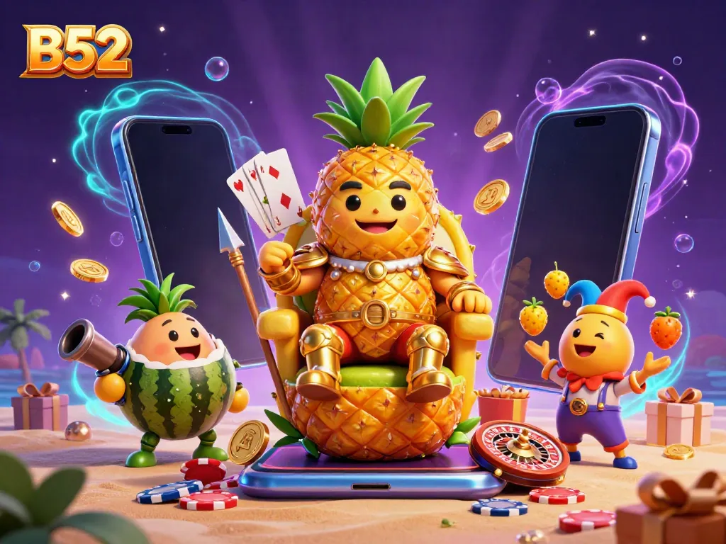 Engage with B52's vibrant casino scene featuring a golden pineapple king and lively elements like slot games and poker chips.