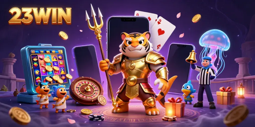 Experience the vibrant world of 23WIN with a 3D cartoon illustration of a fierce tiger shark in gladiator armor.