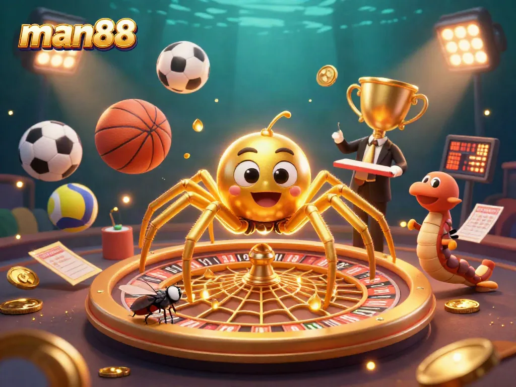 Bet on man88 while a fly nervously places bets at a roulette wheel spun by a golden spider croupier.