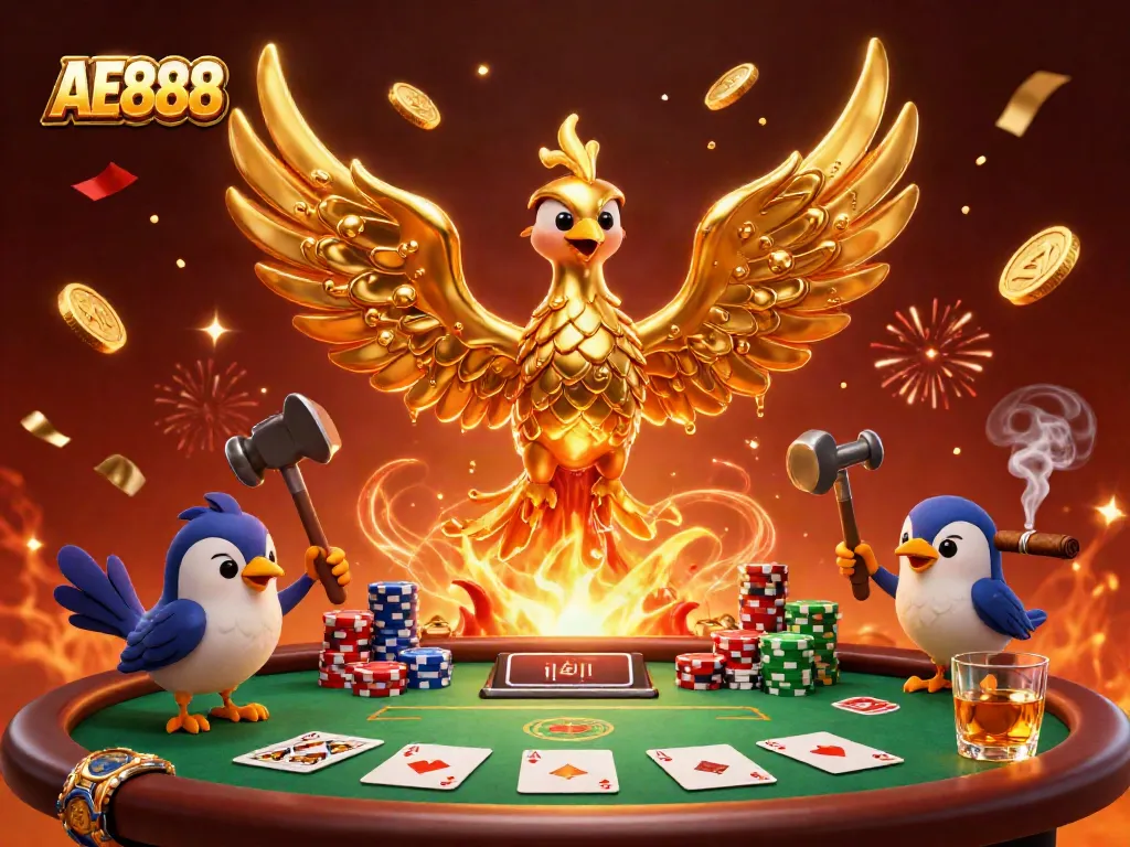 Celebrate at AE888 where the golden phoenix symbolizes jackpot victories amidst poker chips and cards.