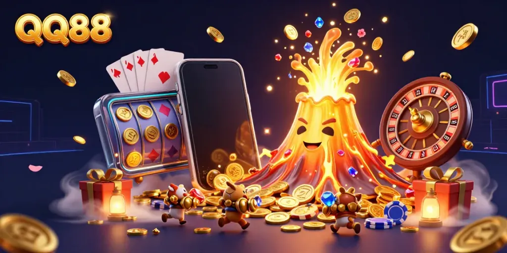 Experience thrilling gaming at QQ88 with a volcano of treasures erupting coins and gems at a vibrant casino scene.