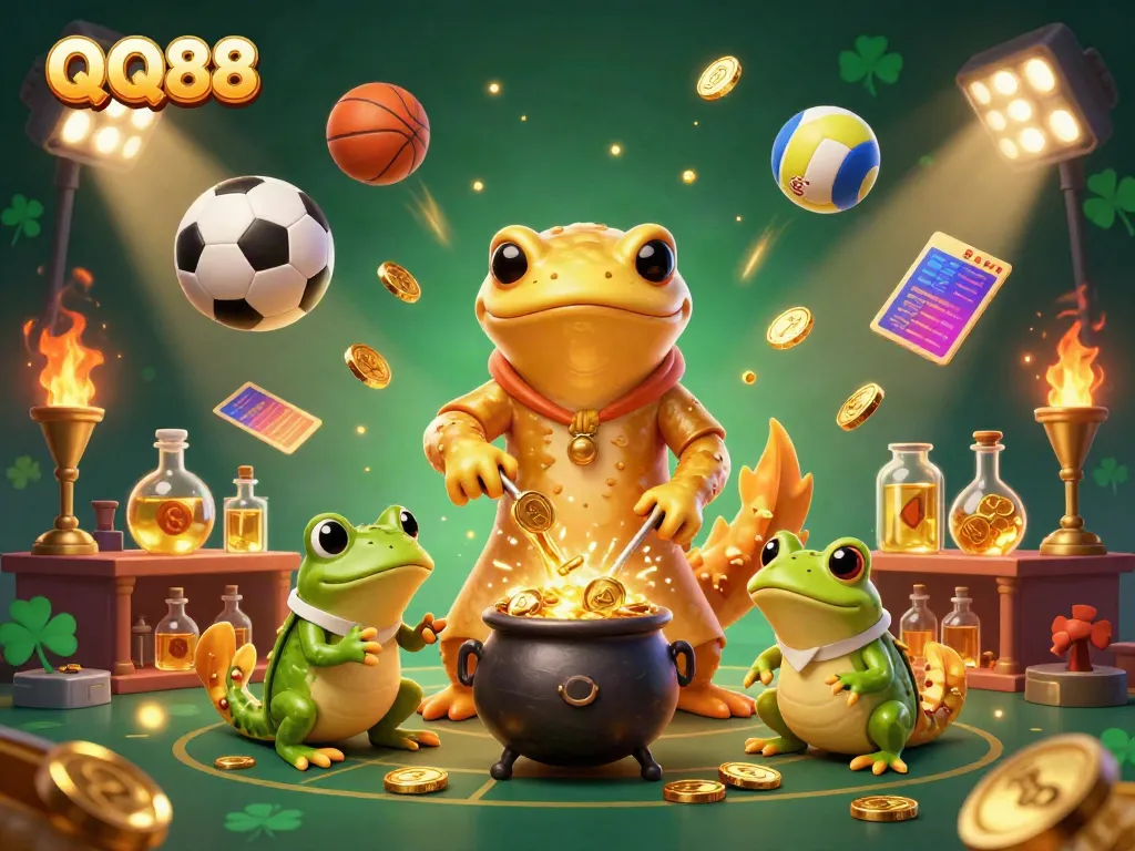 Experience QQ88's thrilling casino magic as golden creatures conjure gold in a vibrant 3D setting.