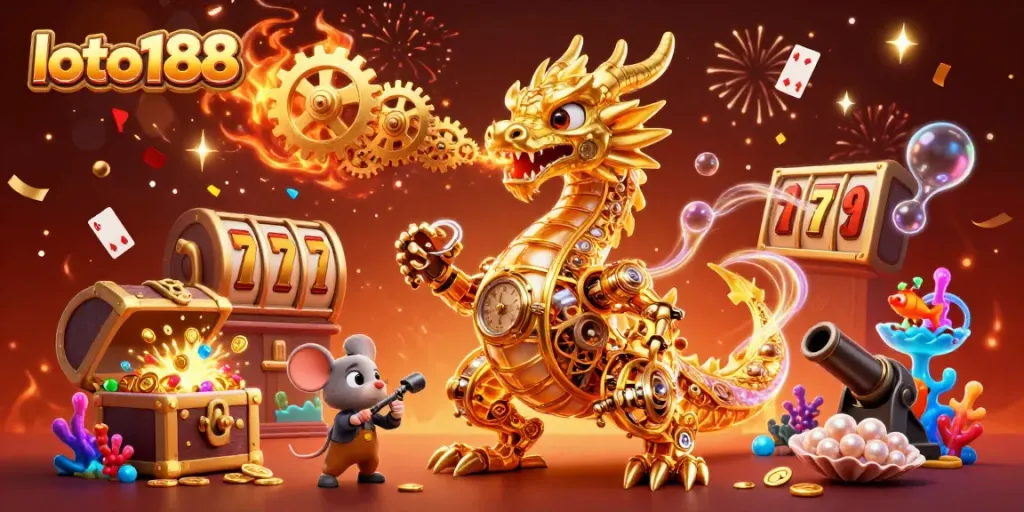 Experience the excitement of loto188 with a vibrant scene of a golden dragon amidst dynamic casino elements.
