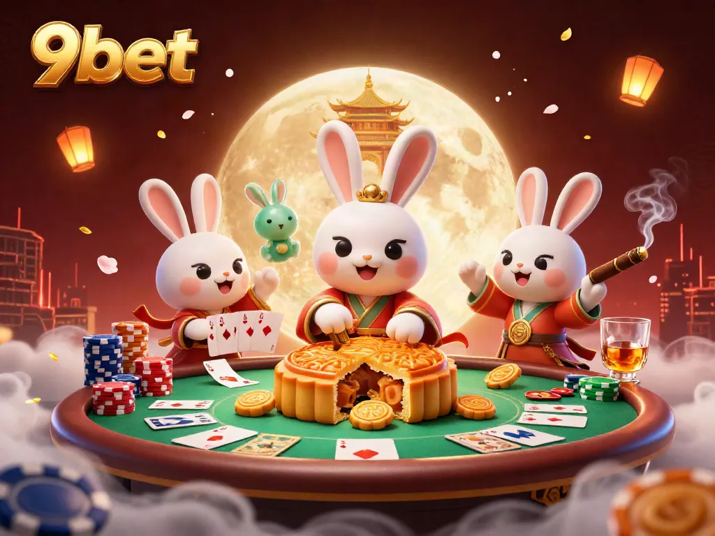 Engage in thrilling poker action at 9bet, featuring a whimsical moon rabbit surrounded by vibrant casino elements.