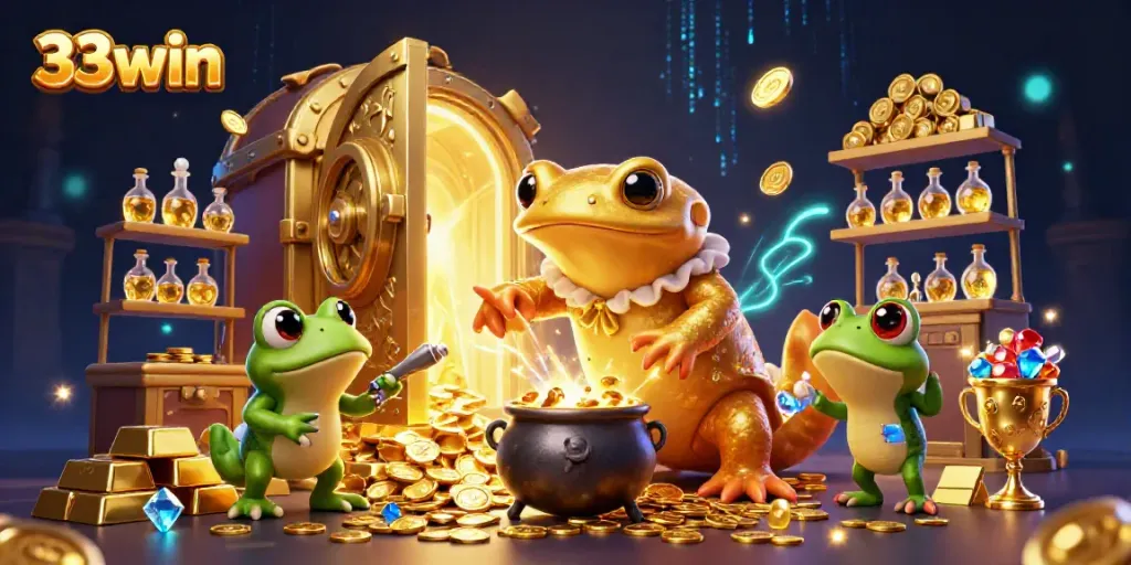 Experience thrilling adventures at 33win with gold coins and vibrant casino elements in a magical scene.
