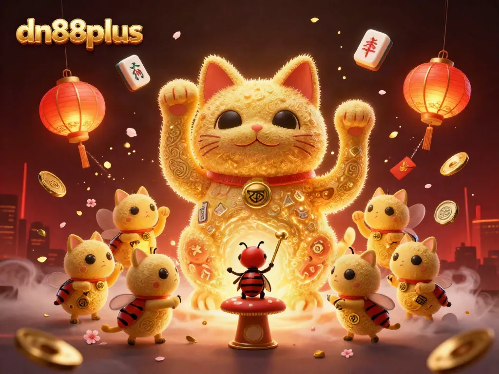 Experience the thrill of dn88plus with a vibrant lucky cat and casino symbols in 3D!