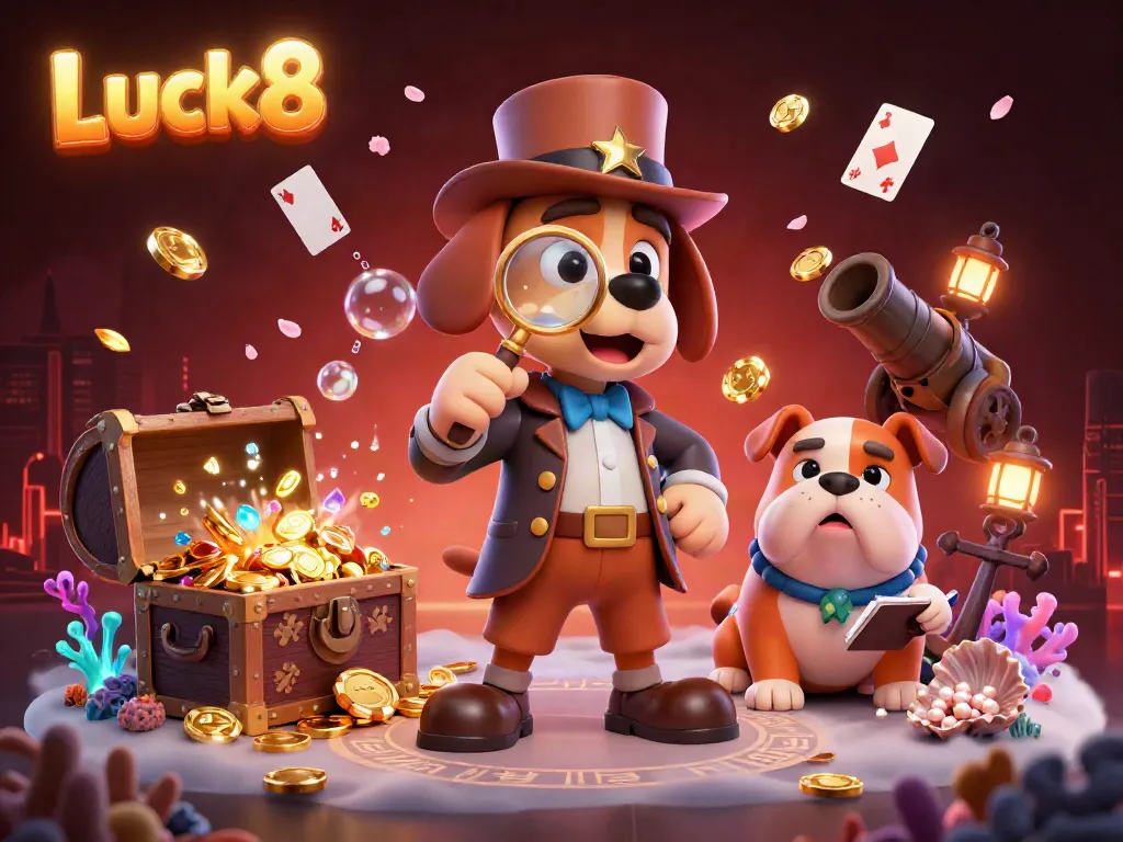 Experience Luck8's thrilling undersea adventure with a detective duo discovering golden poker chips in this vibrant illustration.