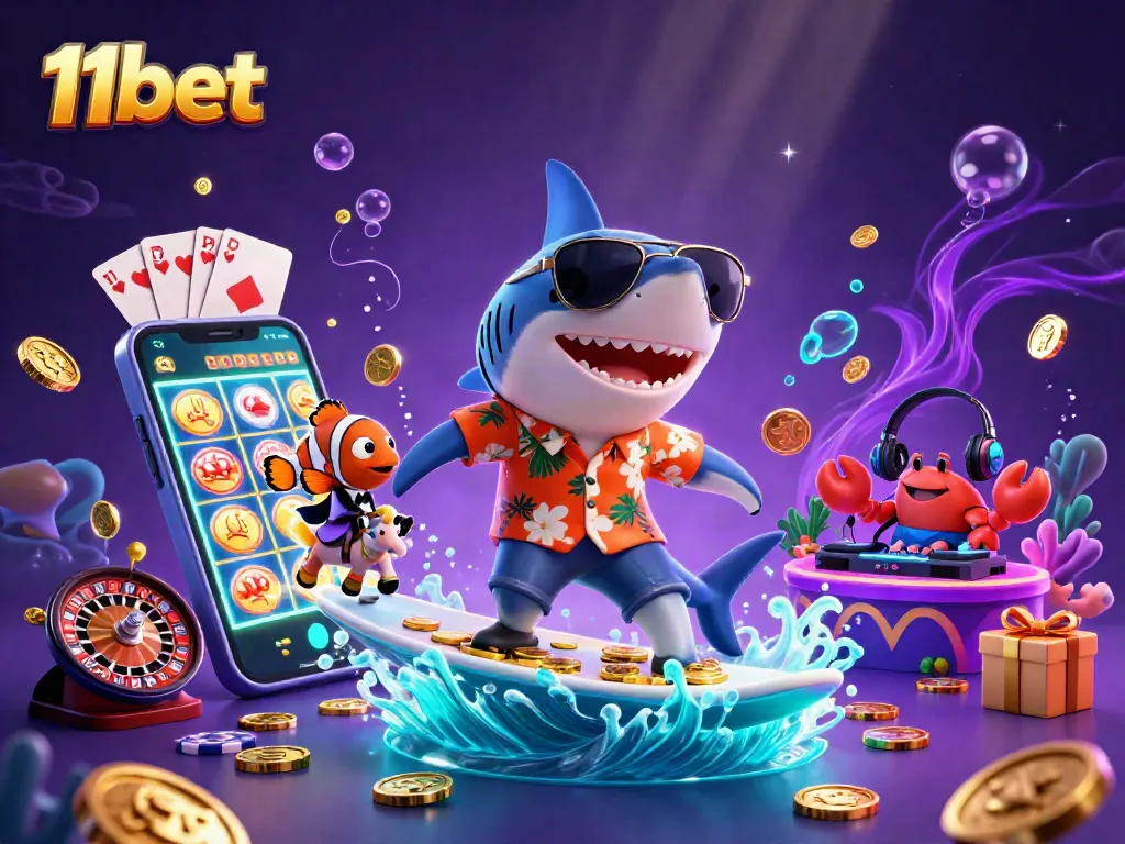 Experience the thrill of 11bet with vibrant casino elements featuring a playful 3D shark and friends.