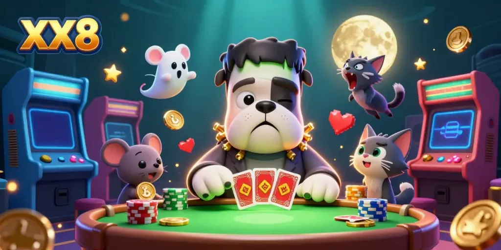 Experience thrilling fun with XX8's 3D Frankenstein bulldog dealing cards in a lively casino scene.