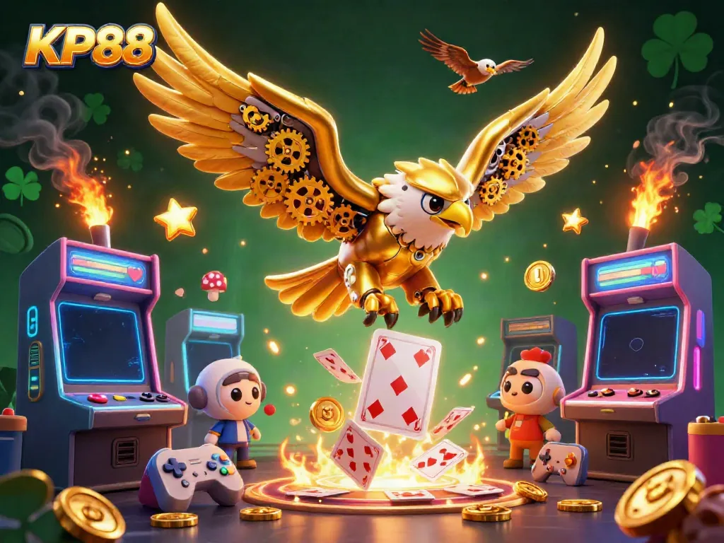 Experience thrilling gameplay at KP88 with a vibrant 3D illustration of a golden eagle and gaming elements.