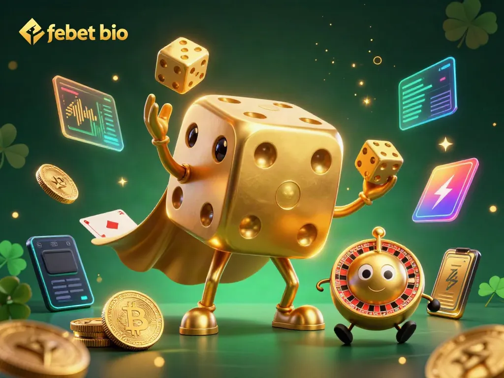 Experience thrilling bets with febet bio in a vibrant 3D casino illustration filled with dynamic gambling elements.