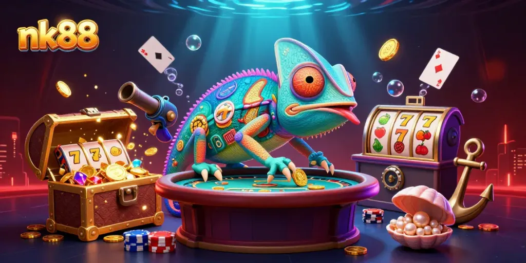 Engage in thrilling games at nk88 with a vibrant underwater casino scene featuring dynamic elements.