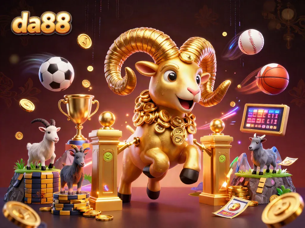 Engage with da88's exciting betting experience featuring a charging golden ram amidst dynamic sports actions.