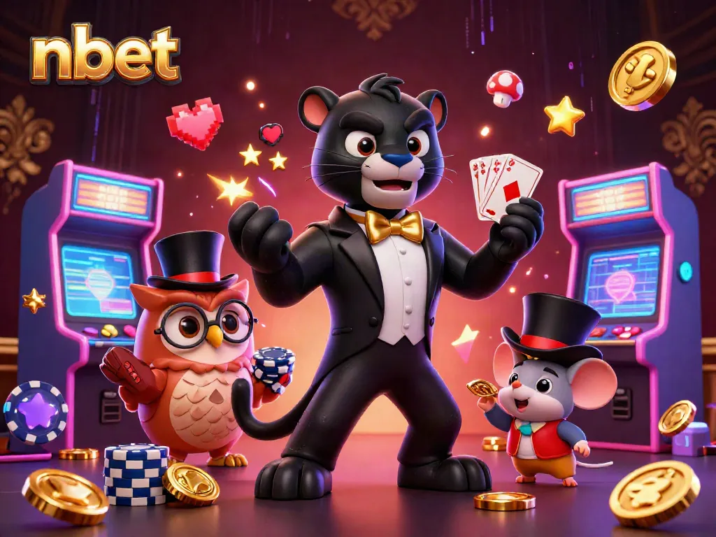 Engage with nbet's vibrant 3D casino illustration featuring a stylish panther dealer and playful characters.