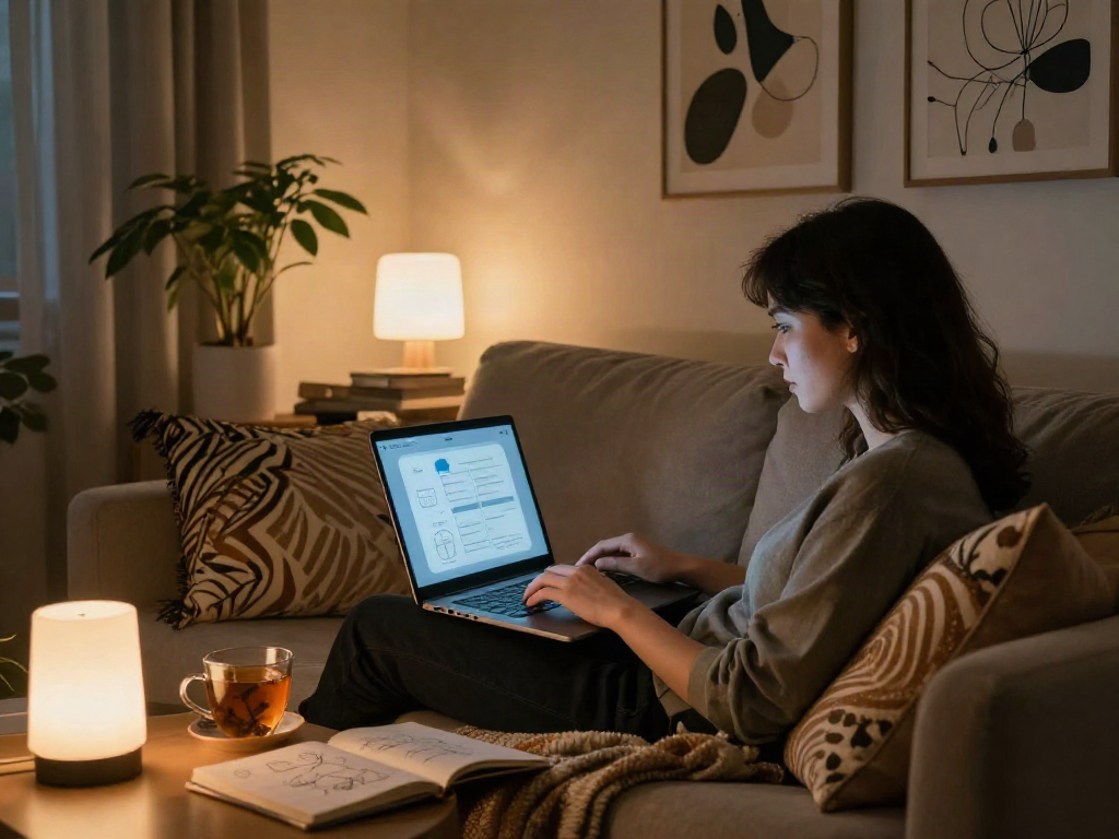 Engaging in an nsfw AI chat in a cozy room with ambient lighting, laptop, and artful decor.