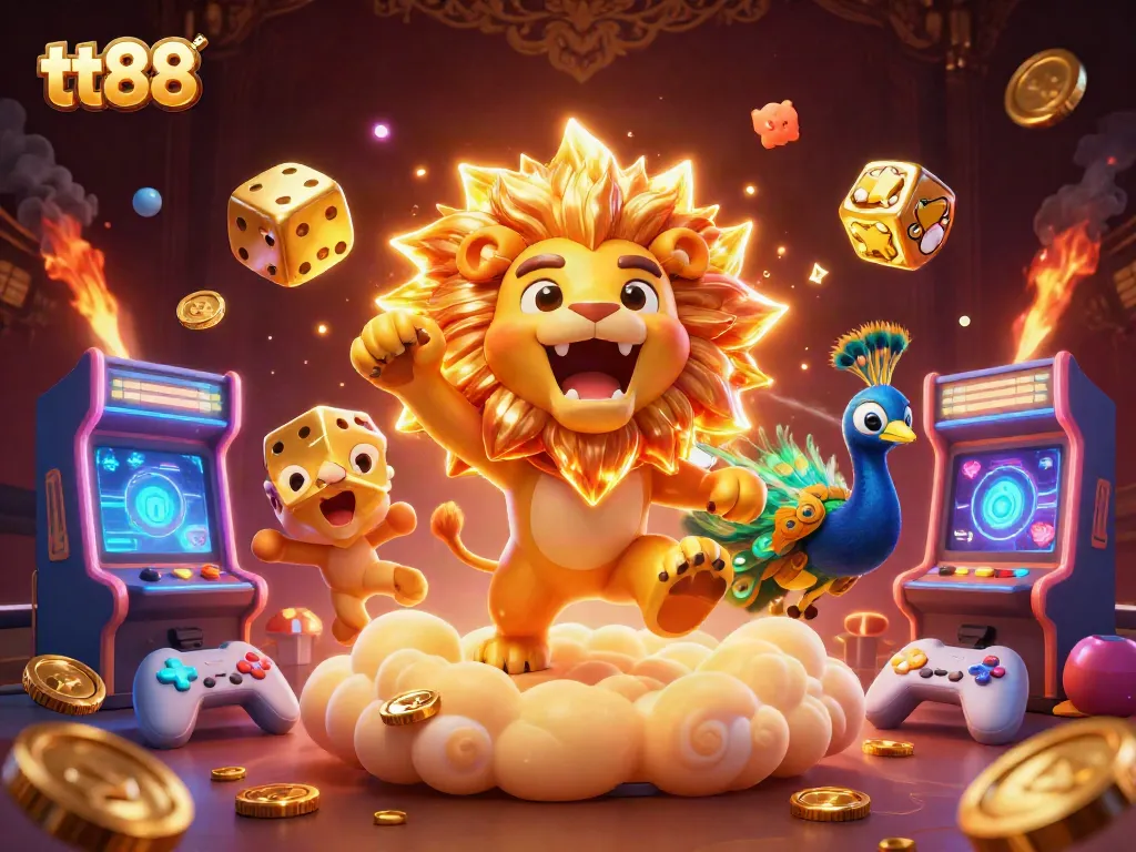 tt88 showcases a dynamic casino adventure with vibrant characters and game elements swirling in a rich, visually captivating scene.