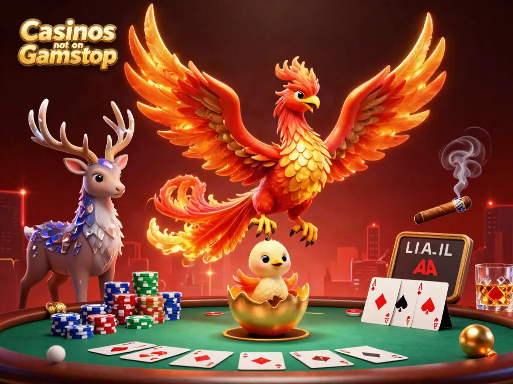 Crowd-pleasing casinos not on Gamstop featuring a blazing fire phoenix, a baby phoenix, and a mystical stag surrounded by dynamic poker elements.