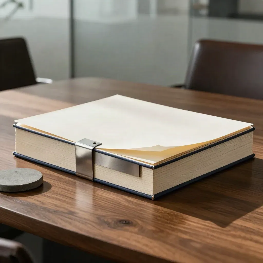 Board papers pack on walnut boardroom table with coffee ring and blurred empty chairs.