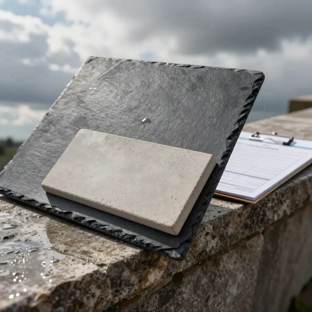 Slate feasibility board, briefing folder and concrete sample tile on a wet parapet in grey daylight.