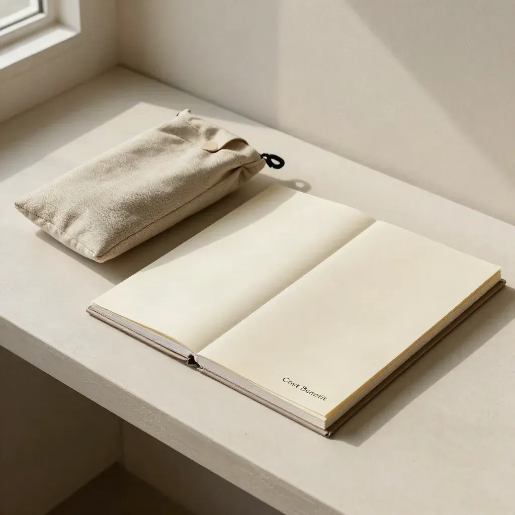 Overhead business-case kit with folders, divider cards and linen pouch on a pale plaster shelf.