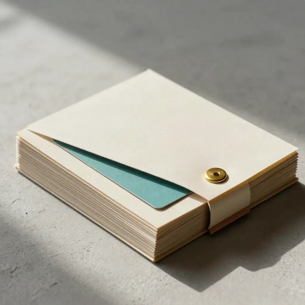Clipped approval pack with brass fastener and teal tab card on a plaster table.