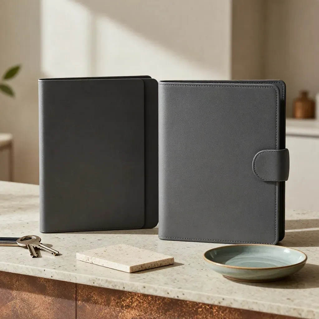 Two folders, a sample slab and ceramic dish on travertine under dramatic window light