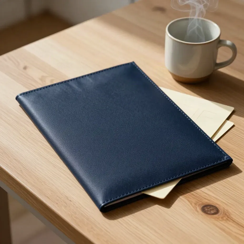 Sunlit file pouch, blank cards and steaming cup on a pale wood kitchen table.