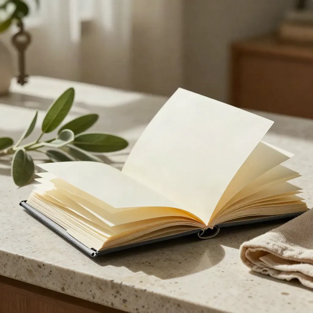 Open notebook, slate tabbed slips, small plant and folded linen on a pale stone work surface.