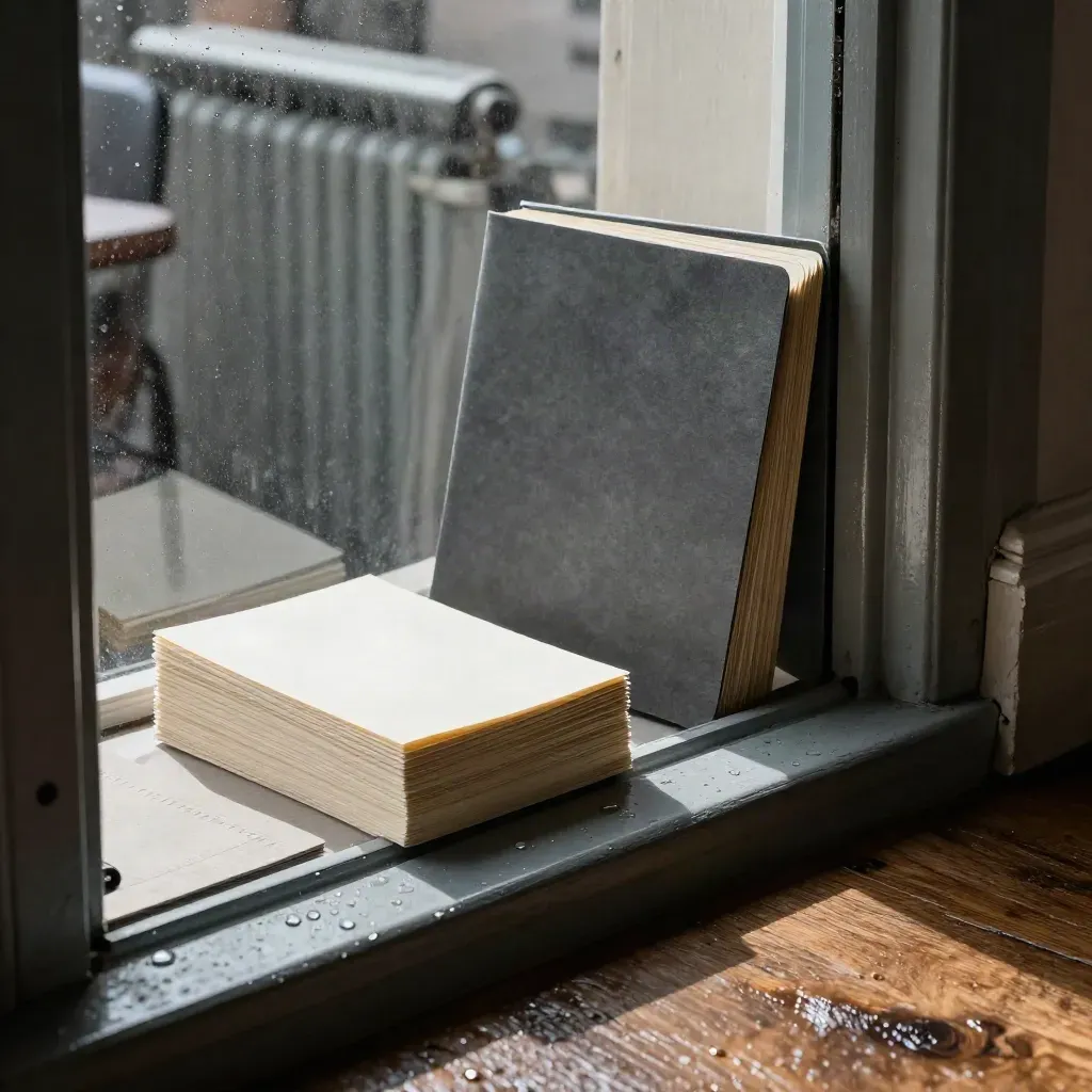 Rain-dark office sill with blank note cards, closed folder, and lamp shadow by wet glass.