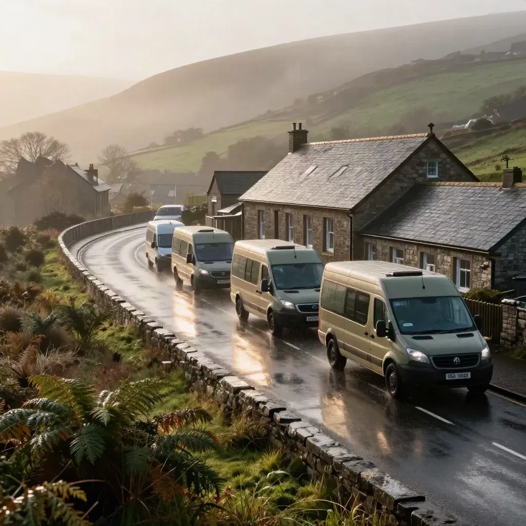 Minibuses curve past a slate-roof school on a wet South Wales hillside road in late-afternoon fog.