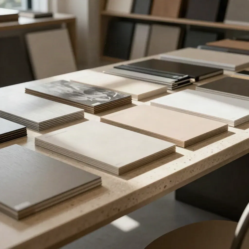 Showroom table with sample boards and swatches arranged for supplier comparison.