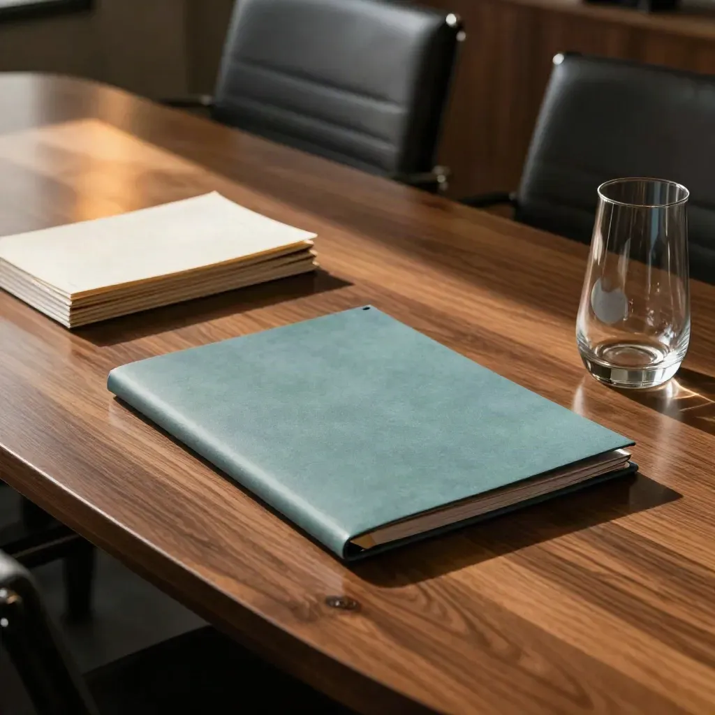 Closed teal memo folder on a walnut boardroom table with empty chairs and a glass carafe
