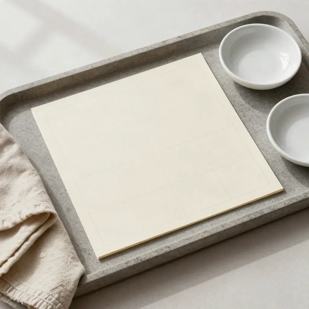 Top-down tray still life with ruled cards, folded cloth, and a ceramic dish.