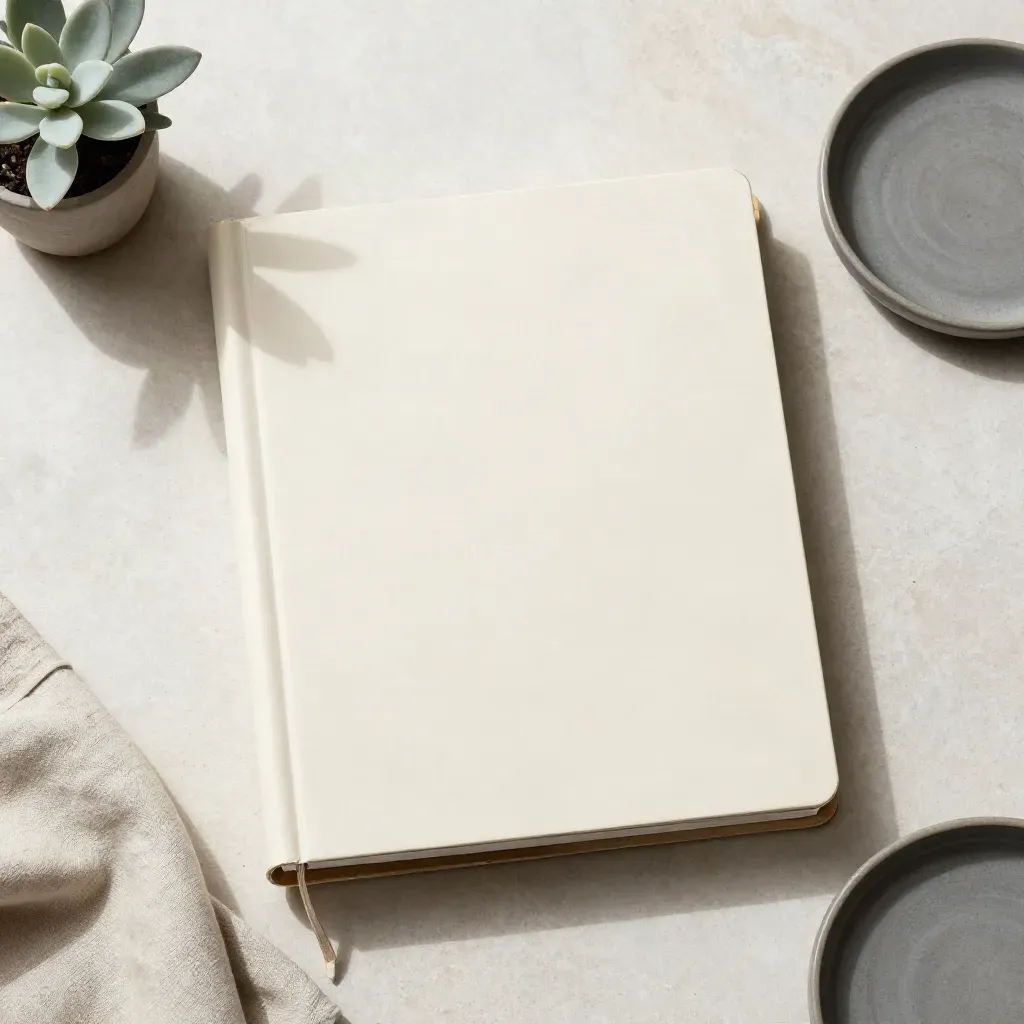 Cream analysis binder with plant, linen cloth and slate dish on pale stone, overhead.