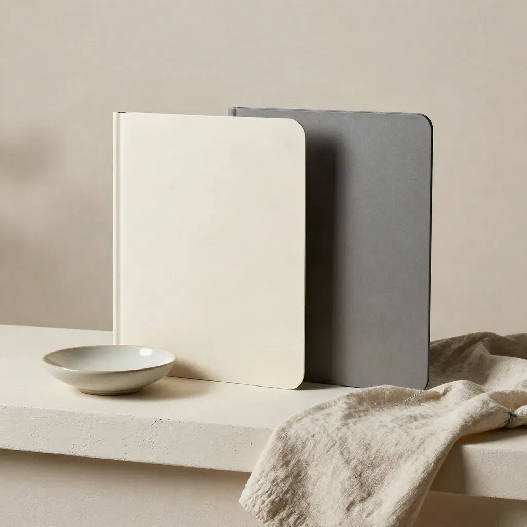 Two sealed quotation folders with ceramic dish and folded linen on a plaster ledge
